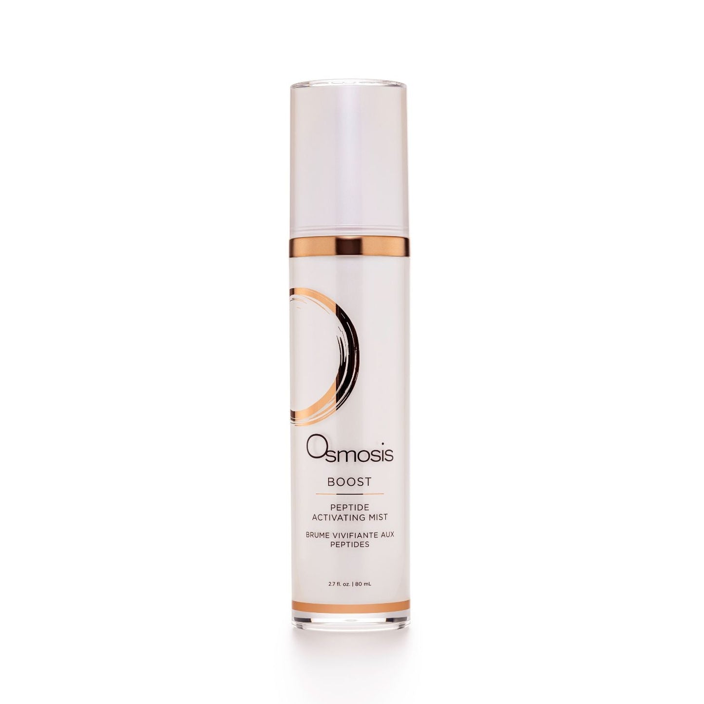 Pearl colored bottle of osmosis boost mist displayed on white background